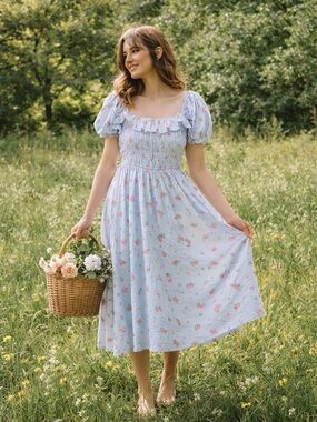 R Vivimos Blue Floral Cottagecore Dress Large 12 14 Milkmaid Puff Sleeve Smocked